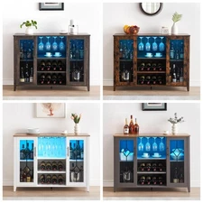 Bar Cabinet with LED Light Wine Glass Rack Liquor Storage Sideboard Coffee Bar