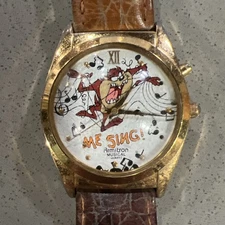 Armitron Me Sing Taz Musical Quartz Watch Unisex Gold Tone Leather 1994 Vintage