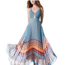 Alice + Olivia Gloria Gold Chain Straps Pleated Boho Maxi Dress Size 0