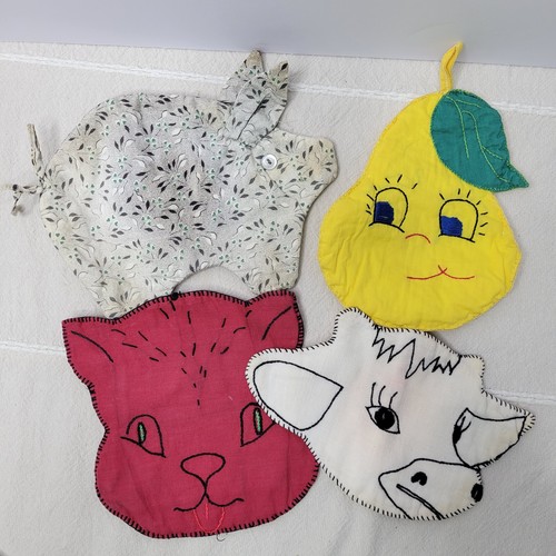 VTG 1950s Pot Holders Embroidered Anthropomorphic Cat Pear Cow Pig Cottagecore