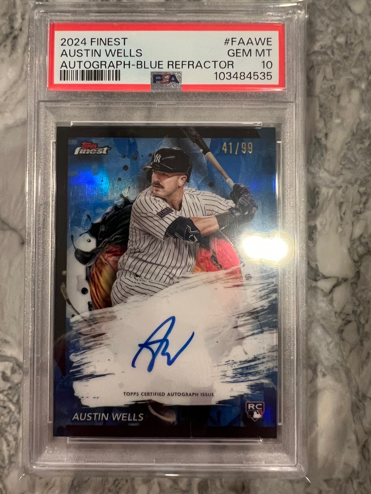 2024 Topps Finest Autograph - Austin Wells #FA-AWE Blue Refractor /99 Rookie RC