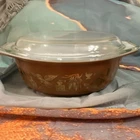 Vintage Pyrex Early American Brown & Gold Oval Casserole Dish 1-1/2 Qt w/Lid 043