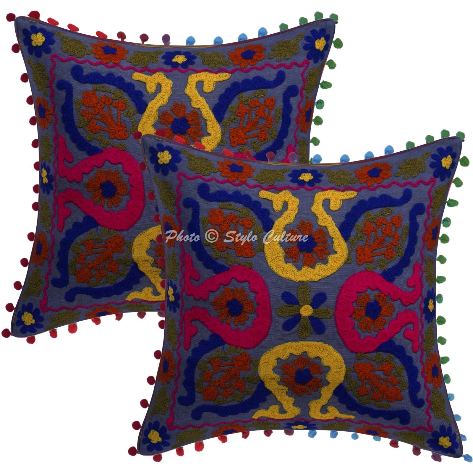 Boho Suzani Embroidered Pom Pom Throw Pillow Covers Cotton Grey Floral 40x40 cm