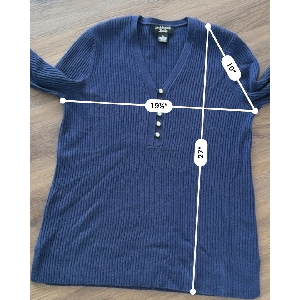 Suéter de cachemir acanalado con cuello en V azul marino de lujo Peck & Peck para mujer talla L Foto 3 de 4