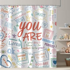 Funny Kids Inspirational Quotes Shower Curtain, Colorful Positive Words Graff...