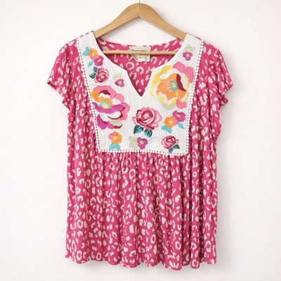 Savanna Jane Womens 1X Top Pink Leopard Floral Embroidered Blouse Flowy Romantic
