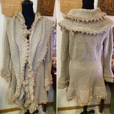 K Jordan Penny Lane Cardigan Faux Fur Trim Bell Sleeves Boho Hippie Festival MED