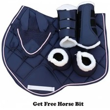 Horse Saddle Pad Set Matching Ear Net Brushing Boot & Bell Boots Equestrian Tack