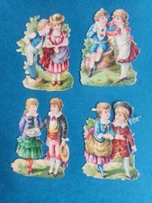 4 Oblaty Błyszczące obrazy Skraps Die Cuts Chromos SŁODKIE PARY DZIECI około 1890 roku