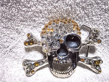 Silver Gold Rhinestone Filled One Eye Skull Crossbones Belt Buckle Vintage