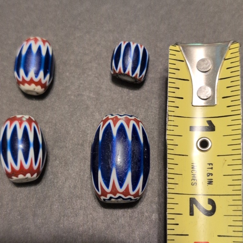 Lot of 4 Antique African Trade Beads Blue White Red Chevron