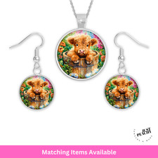 Highland Cow Spring Floral Silver Jewelry Necklace Set