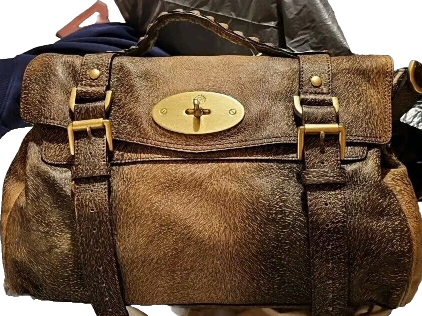 Mulberry Alexa  Rare Large Brown Leather Strap Bark Furry Print Bag Authentic