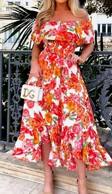 WOMEN FLORAL BARDOT MIDI DRESS ( SIZE UK12 )