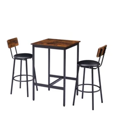 3pcs KIT Square Bar Table Set Dining Kitchen Pub 2 Stools PU Soft Seats  Brown