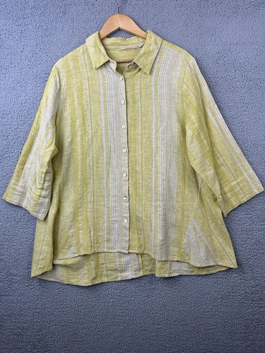 Soft Surroundings Shirt Womens 1X Yellow Striped Linen Blend Button Up 3/4 Slv