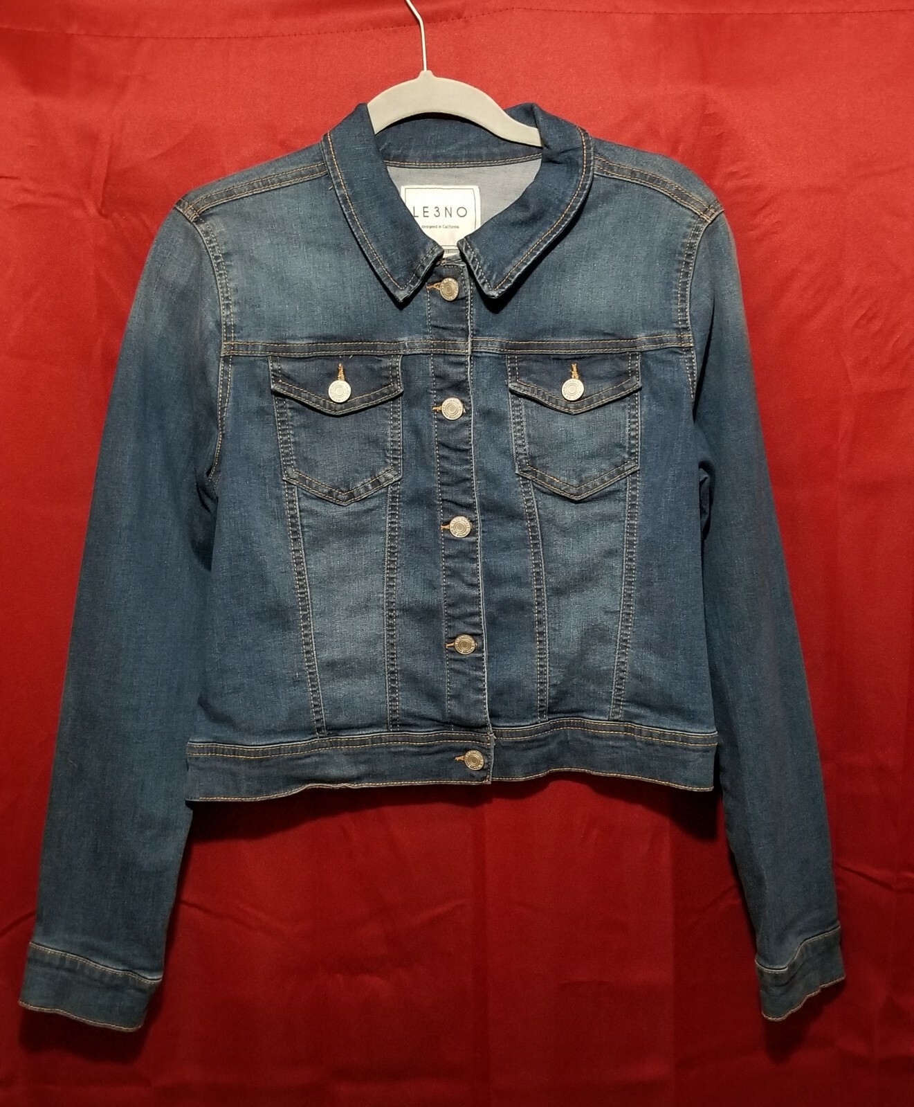 Le3no Women's Blue Jean Denim  Button down Collared Jacket S