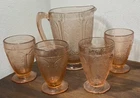 Beautiful Vtg Jeannette Pink Depression Glass Cherry Blossom Pitcher W/4 Tumbles