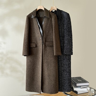 90% Wool + 10% Mulberry Silk, Women's Leather Collar, Double-sided Tweed Coat