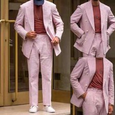 Seersucker Suits for Men Summer Thin Breathable Jacket Pant 2 Piece Regular Fit