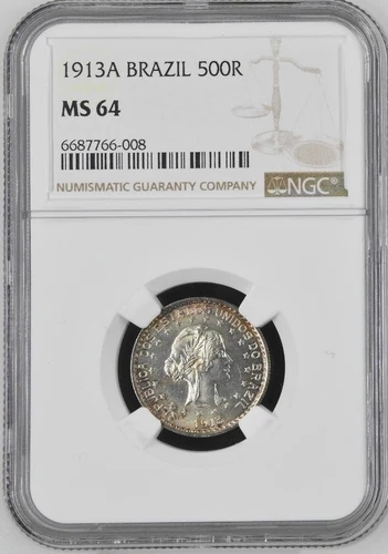 Brazil 500 Reis 1913A NGC MS 64