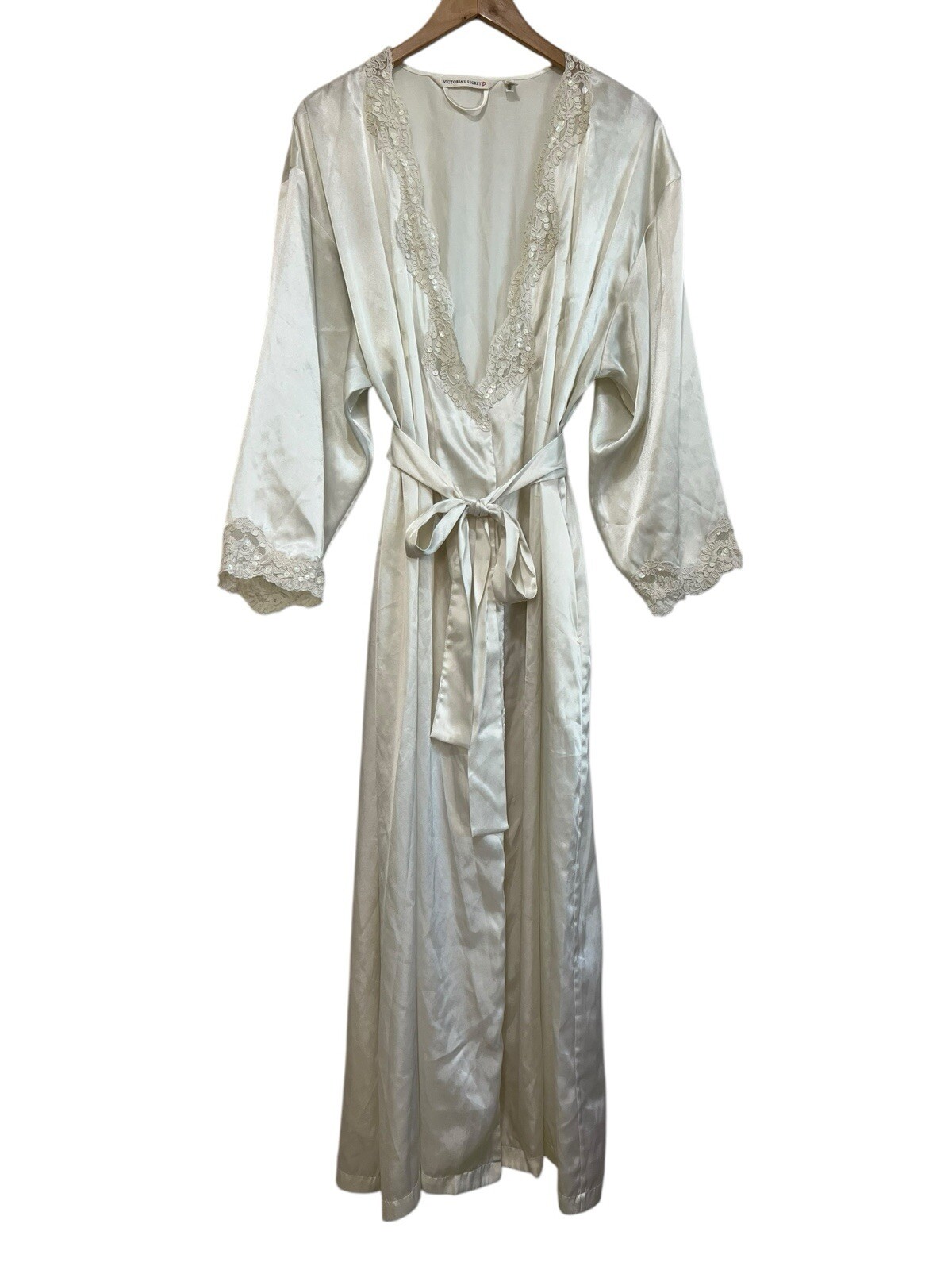 Victoria’s Secret Vintage Ivory Bridal Robe Peignoir Sequined Lace Trim Sz M/L