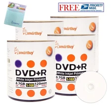 400 Smartbuy 16X DVD+R 4.7GB White Inkjet Printable Disc +FREE Micro Fiber Cloth