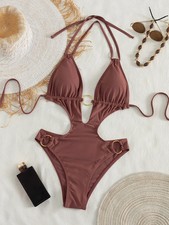 Women's Chocolate Brown Halter One-Piece Swimsuit Cutout Design Metal Ring Decor