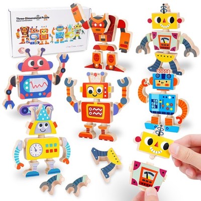 Wooden Robot Building Blocks Toys, STEM Montessori Preschool Toys for 3+ Year...