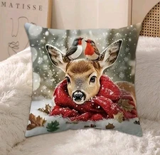 Adorable Fawn Deer Christmas Throw Pillow Cover Winter Holiday Home Decor 18”