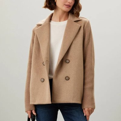 Splendid Camel Double Breasted Sweater Jacket LARGE Felted Boxy Coat Wool $178