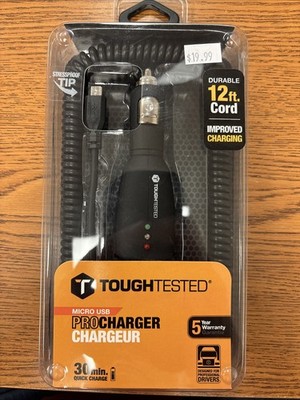 Tough Tested micro USB car charger with 12ft cord