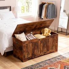 Storage Chest Trunk 39" Toy Box Wooden Storage Bench with 2 Safety Hinges Brown