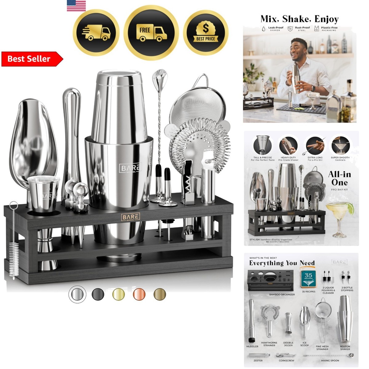 Mixology Royale Mix Set Shaker Per Cocktail – Kit Barista Completo Con Supporto Metallico, Regalo In Scatola Magnetica
