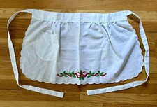 Vintage White Christmas Embroidered Half Apron Holly Ribbon 1 Pocket