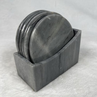 Natural Stone Gray Marble Round Coaster Set 6 w/ Holder Contemporary Red Felt