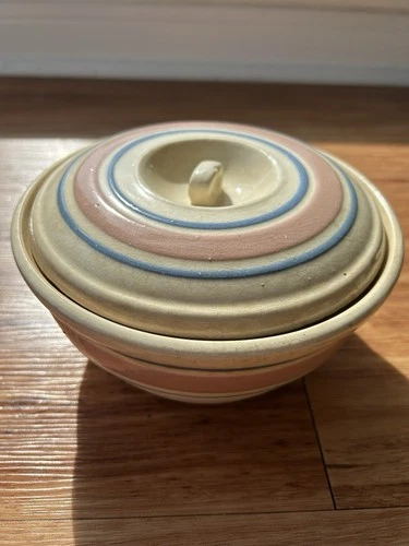 Vintage McCoy Bowl With Lid Pink & Blue Stripes 7"