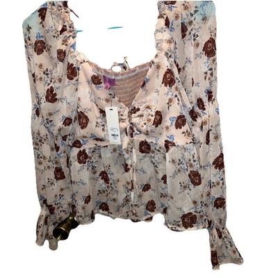 Mi Ami For Francesca's Top Size Small Multicolor Floral Puff-Sleeve Crop New