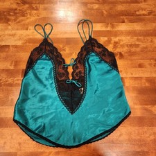 Vtg Gold Label Victoria Secret Tank Top Camisole Green Satin Black Lace Sz L