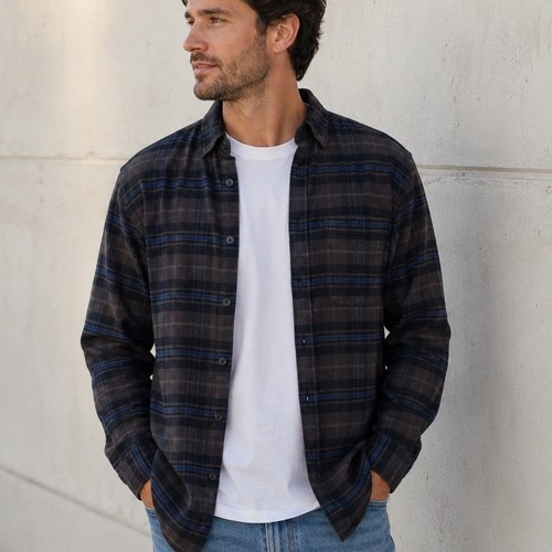 NWT Uniqlo Mens Flannel Plaid Long Sleeve Shirt Dark Brown Blue Large