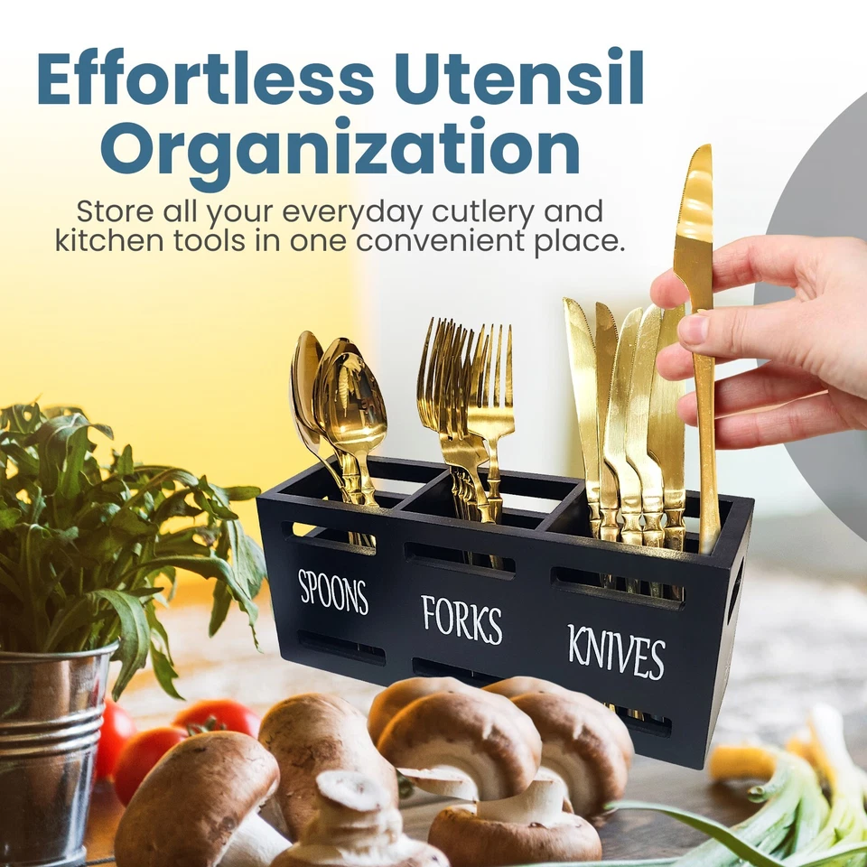 Wooden Utensil Holder - Utensil Caddy, Cutlery Organizer for Kitchen Countertop - Image 3 of 4