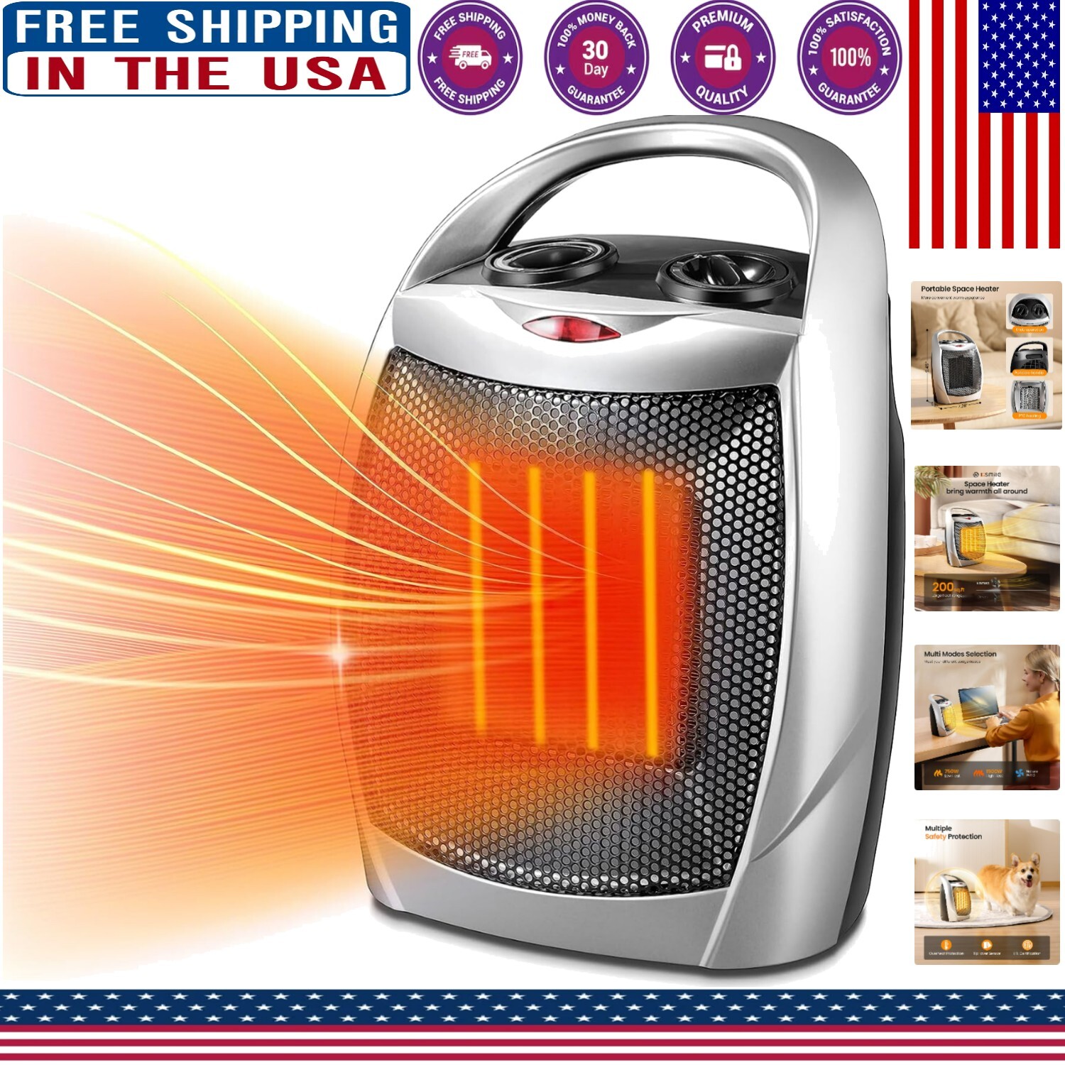 Portable Ceramic Space Heater with Adjustable Thermostat & Overheat Protection
