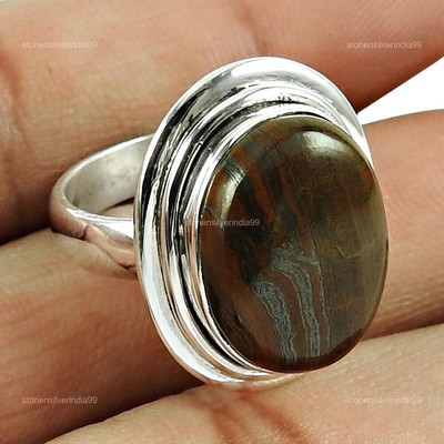 925 Solid Silver Sacral Chakra Tiger's Eye Stone Cocktail Ring Jewelry Size 7