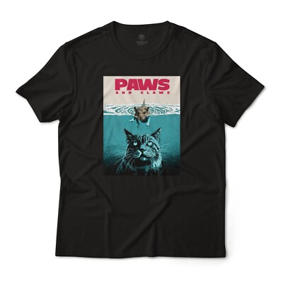 Paws and Claws Cat Shark Jaws Movie Poster Parody Funny Graphic T-Shirt Unisex