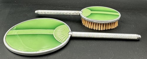 Vintage Art Deco Green Chrome Vanity Dresser Dressing Set Mirror Brush Comb - Picture 5 of 20