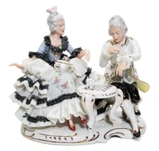 Antique Germany Lace Dresden Couple Playing Chess Porcelain Figurine