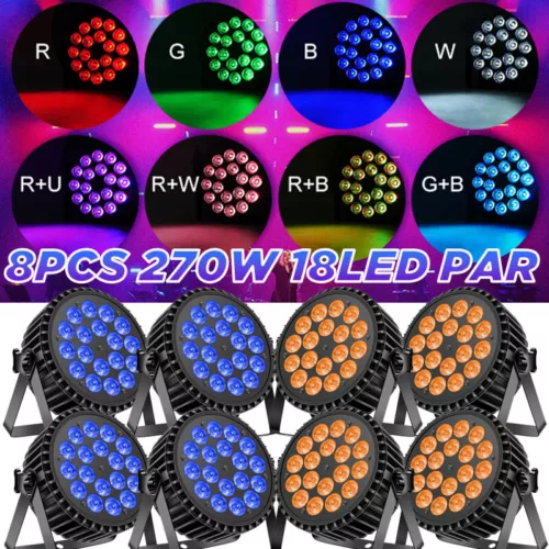 8Stk 270W LED Par Strahler RGB 18 LED Scheinwerfer DMX Bühnenlicht DJ Partylicht - Bild 1 von 36