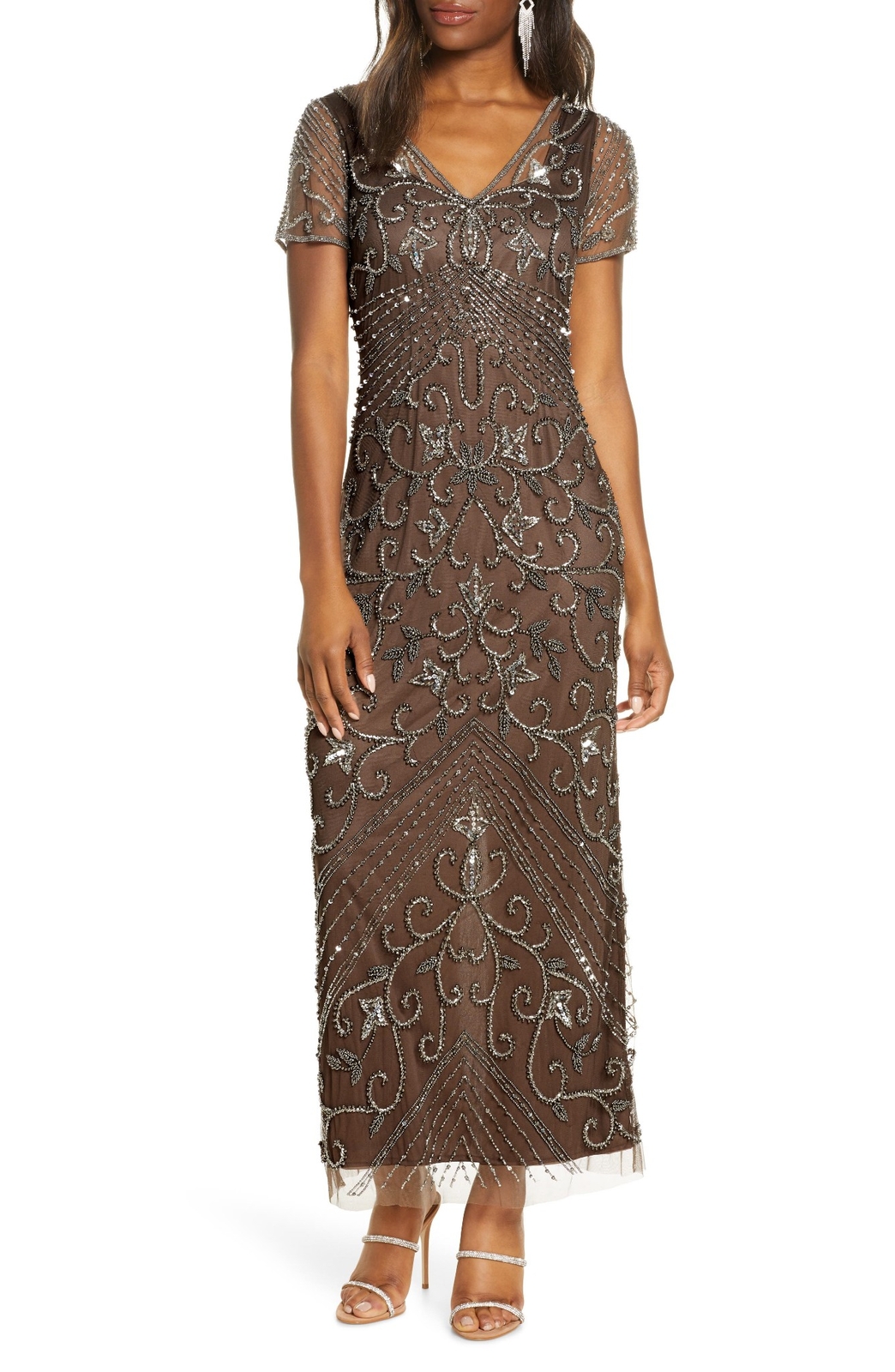 Pisarro Nights Beaded Mesh Column Gown SZ 6 Brown 630937203795 | eBay