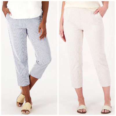 Susan Graver Stripe Stretch Seersucker Crop Pants Blue Black or Taupe Size 2 NEW