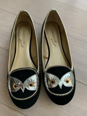 Chaussures Plates Madeline Stuart - Velours Noir Avec Hibou Doré/Argenté - Taille 7M US - Neuf